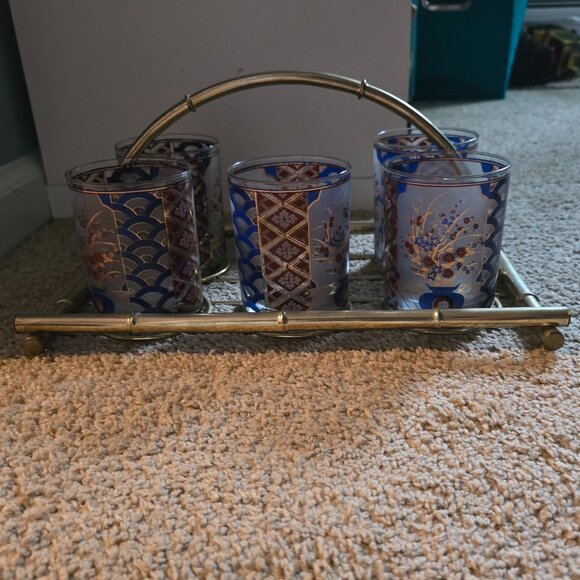 Decorative Glassware Set of 5 with Gold Metal Caddy – Lightly Used – Incomplete - Picture 8 of 15